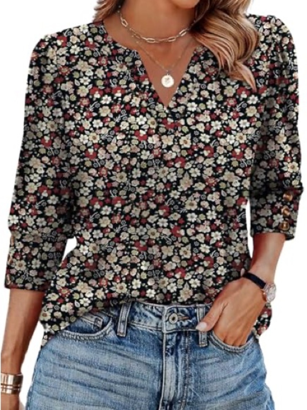 Chelsea & Theodore Black Floral Button-Front Blouse